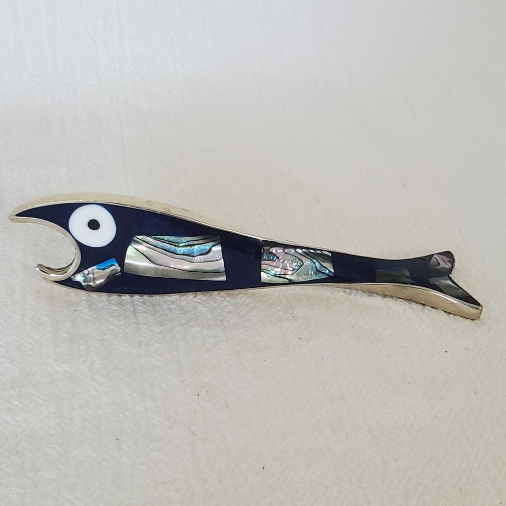 Vintage Abalone Inlay Fish Bottle Opener with Alpaca Silver Frame Mexico